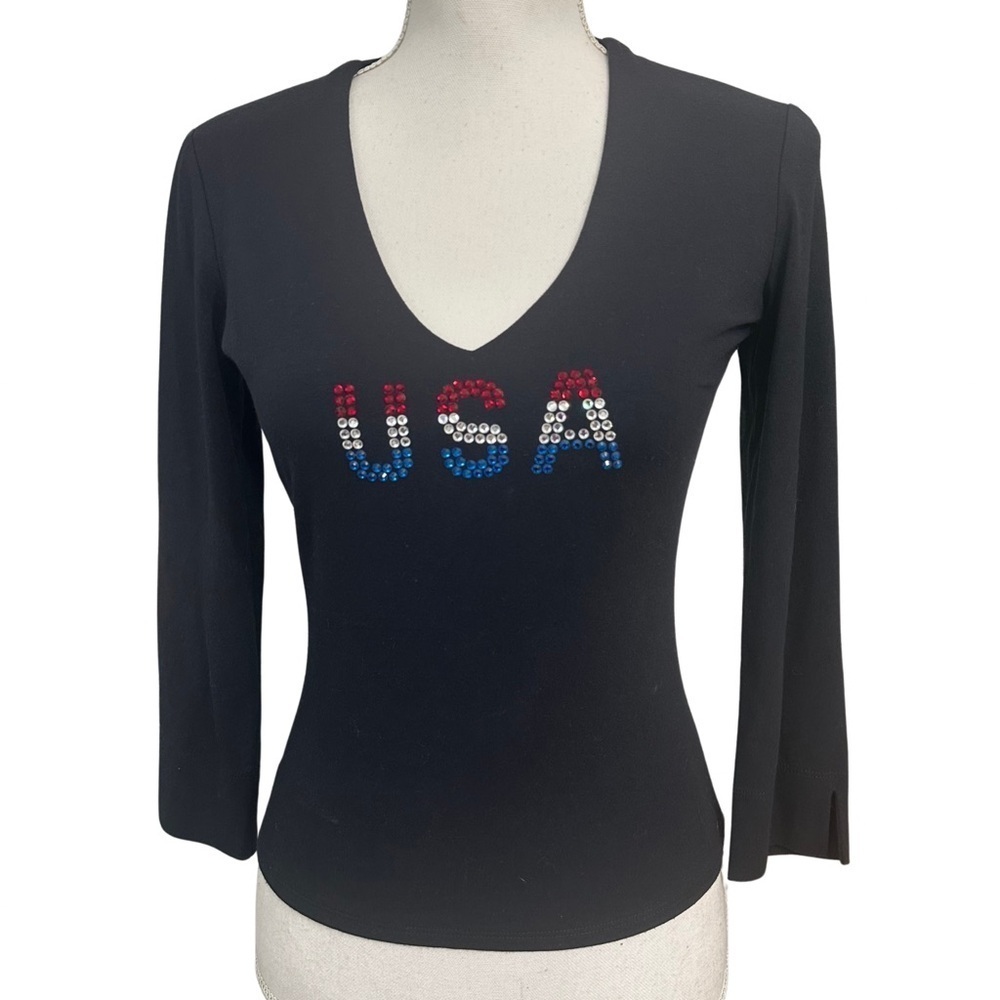 Vintage Cache Navy Blue V-Neck Top USA Rhinestones Medium July 4th EUC Made USA